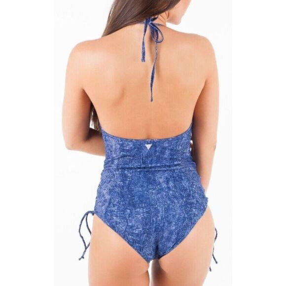 Guess E82J18-MC009 Women's Sz L Blue Denim Halter Side Lace-Up 1-Piece Swimsuit - Picture 11 of 11